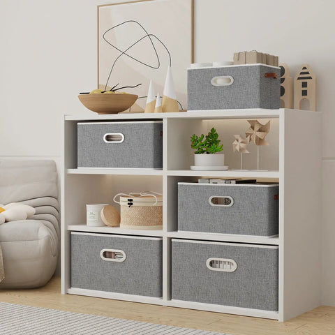 Foldable Canvas Storage Bins for Shelves in use on a white shelf, showing gray cloth, three handles, durable PP board reinforced.