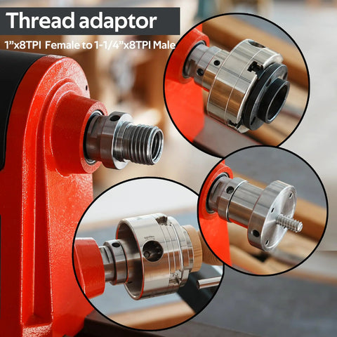 Thread adapter for Heavy Duty Wood Lathe Chuck With Self Centering Scroll Jaw System for connecting 1"x8TPI to 1-1/4"x8TPI.