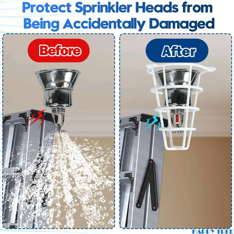 Before and after images of Heavy Duty White Fire Sprinkler Head Guard Cover 4 Pack protecting sprinkler head with a white cage.