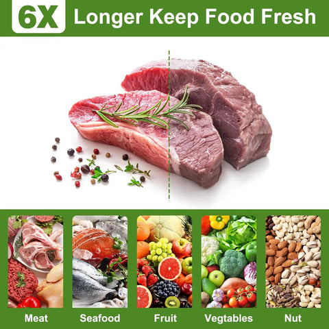 Six Times Fresher Meals With 200 Count 8x12 Inch Vacuum Sealer Bags illustrated with fresh meat, seafood, fruits, vegetables, and nuts.