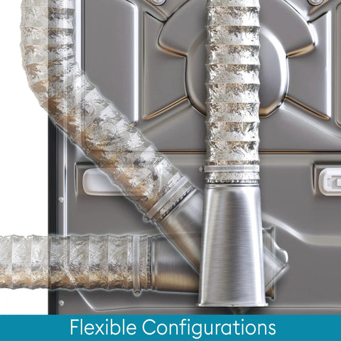 4 Inch Aluminum Dryer Offset Connector For Electric Dryers, Silver Finish, installed showing flexible configurations