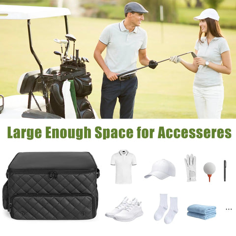 Two Layer Golf Trunk Organizer For Cars with golf gear and apparel, ventilated compartment for two pairs shoes, black