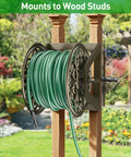 Heavy Duty Garden Hose Reel With Wall And Floor Mount Decorative Hose Holder And Winder For Outdoor Storage Built Tough Steel Construction Holds 200 Feet Of Five Eighths Inch Hose Not Included Keeps Yard Neat And Tidy mounted on wood posts outdoors