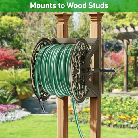 Heavy Duty Garden Hose Reel With Wall And Floor Mount Decorative Hose Holder And Winder For Outdoor Storage Built Tough Steel Construction Holds 200 Feet Of Five Eighths Inch Hose Not Included Keeps Yard Neat And Tidy mounted on wood posts outdoors