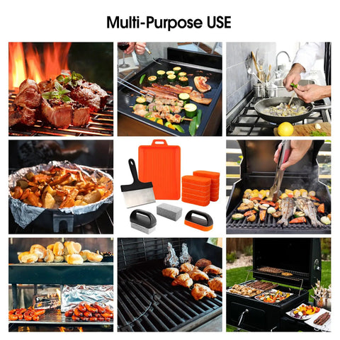 Collage of Ultimate Griddle Cleaning Kit For Flat Top Grill 18 Piece Cleaner Set with cooking and grilling scenes