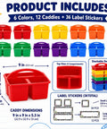 12 Pack Colorful Classroom Caddies With Three Compartments, Desk Organizer Set for School, Office or Craft Space displayed in 6 colors