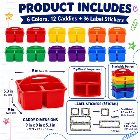 12 Pack Colorful Classroom Caddies With Three Compartments, Desk Organizer Set for School, Office or Craft Space displayed in 6 colors