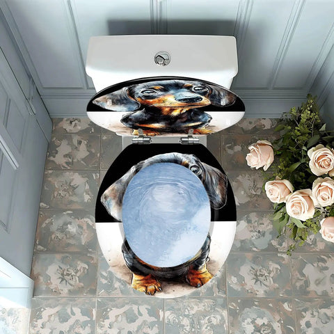 Round Resin Toilet Seat for Bathroom featuring a Dachshund design, fitting standard toilet sizes in a stylish bathroom.
