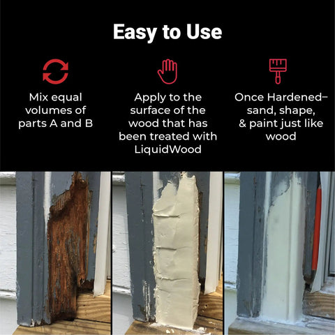 Step-by-step use of WoodEpox Kit Pro Grade 2 Pint 2 Part Structural Epoxy Adhesive Filler for wood repair on damaged wood surface