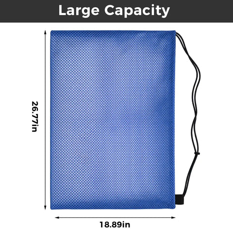 Four Pack Large Mesh Gear Bags For Snorkel Gear And Wetsuits 19 By 27 Inch Drawstring Swim Bags Polyester Dive Bag in blue, size shown
