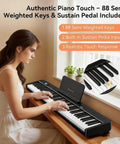 Woman playing Foldable 88 Key Portable Piano Keyboard with 128 Sounds, showcasing semi-weighted keys, on a wooden table.