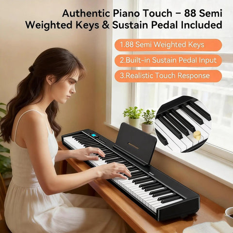 Woman playing Foldable 88 Key Portable Piano Keyboard with 128 Sounds, showcasing semi-weighted keys, on a wooden table.