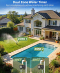 Two Zone Sprinkler Timer For Garden Hose With Battery Power, Watering dual zones by a pool and lawn; brass inlet, outdoor use