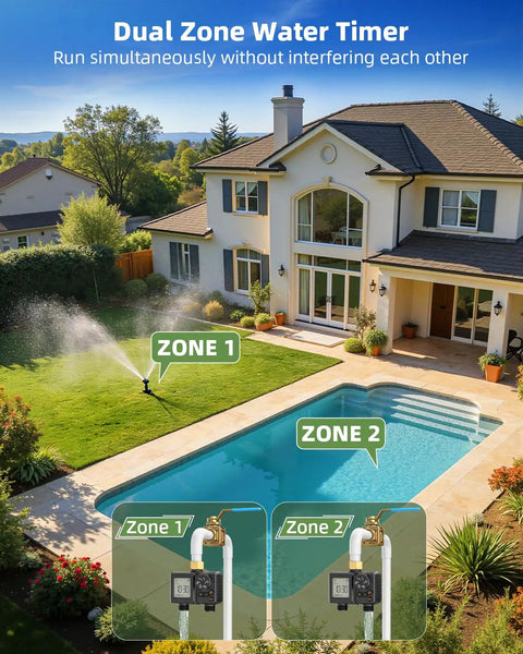 Two Zone Sprinkler Timer For Garden Hose With Battery Power, Watering dual zones by a pool and lawn; brass inlet, outdoor use