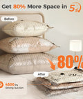 Before and after comparison of Cordless Travel Vacuum Seal Bags Set With Rechargeable Wireless Pump 18 Pack compressing bedding.