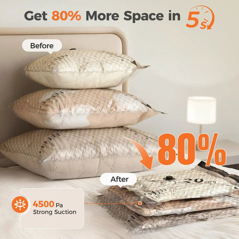 Before and after comparison of Cordless Travel Vacuum Seal Bags Set With Rechargeable Wireless Pump 18 Pack compressing bedding.