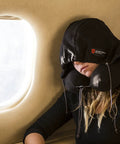 Hooded Travel Pillow With 360 Neck And Head Support, Memory Foam, Adjustable Light Blocking Hood, Ultra Soft Micro Fleece, Carry Bag Included, Built For Car Or Plane Sleep On The Go on passenger in airplane seat
