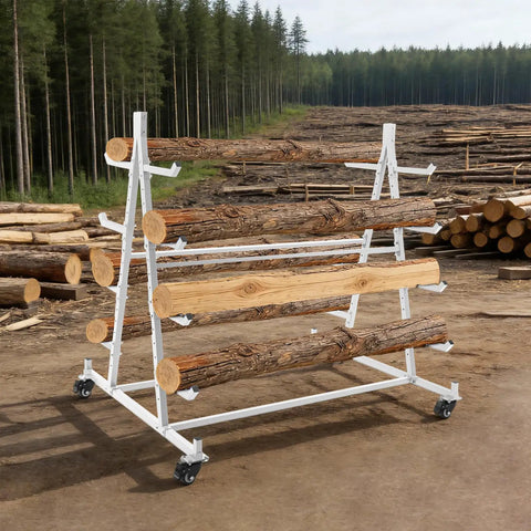 Rock Solid Five Tier Heavy Duty Horizontal Storage Rack With Smooth Rolling Wheels And Sure Lock Brakes 500 Lb Cantilever Lumber Rack holding logs outdoors.