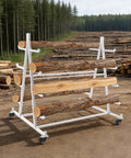 Five Tier Horizontal Heavy Duty Rolling Lumber Rack With Slick Iron Build And Secure Locking Wheels 500 Pound Capacity holding logs outdoors.