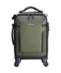 Front view of 55BT Carry On Camera Backpack Trolley For DSLR And Mirrorless Gear, green, with sturdy wheels and quick access pockets.