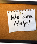 Note with 'We can Help!' pinned on corkboard with 100 Pieces Paper Fasteners For Scrapbookers And DIYers, Tiny Nails Tacks Decorative Pins.