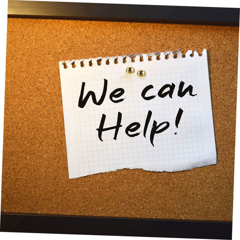 Note with 'We can Help!' pinned on corkboard with 100 Pieces Paper Fasteners For Scrapbookers And DIYers, Tiny Nails Tacks Decorative Pins.