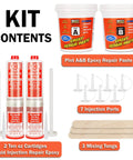LCR Epoxy Concrete Crack Repair Kit contents with 2 epoxy repair paste tubs, 7 injection ports, 3 mixing tongs, and 2 repair cartridges