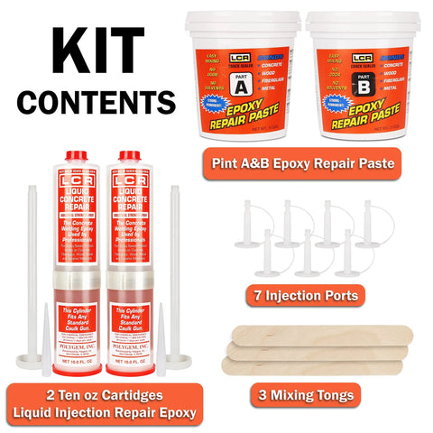 LCR Epoxy Concrete Crack Repair Kit contents with 2 epoxy repair paste tubs, 7 injection ports, 3 mixing tongs, and 2 repair cartridges
