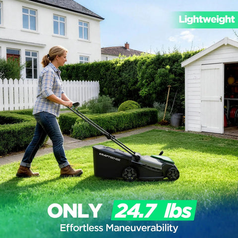 16 Inch Cordless Lawn Mower With Brushless 40V Power Dual 5Ah Batteries And Charger 2 In 1 Mulching And Bagging Easy 6 Position Height Adjustment Perfect For Small To Medium Yards Gas Like Power With No Fumes, woman mowing lawn