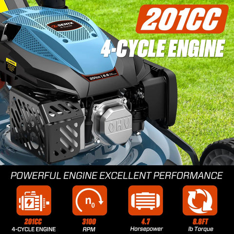 Workhorse 201cc Gas Lawn Mower With 3 In 1 Cutting System Side Discharge Mulching And Bagging Self Propelled Rear Wheel Drive Six Position Height Adjustment For Lawn And Garden, 201cc 4-cycle engine