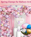 Pink and gold balloon arch setup using 20 Pack Heavy Duty Balloon Arch Clips Three Point Five Inch Transparent Spring Clamps Pro Grade For Balloon Arches Clear Plastic Clips For Birthday Parties Weddings Backdrops Photo Studio And Craft Projects