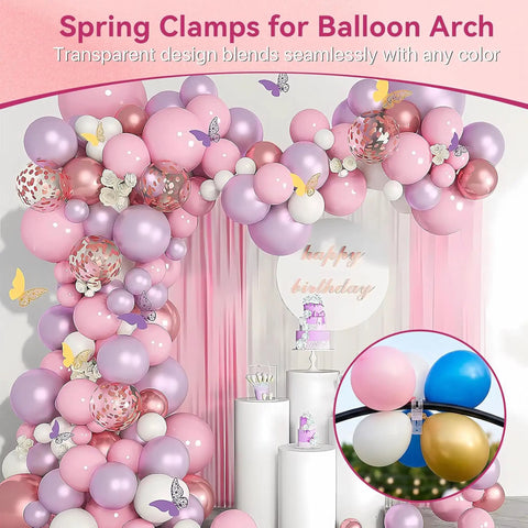 Pink and gold balloon arch setup using 20 Pack Heavy Duty Balloon Arch Clips Three Point Five Inch Transparent Spring Clamps Pro Grade For Balloon Arches Clear Plastic Clips For Birthday Parties Weddings Backdrops Photo Studio And Craft Projects