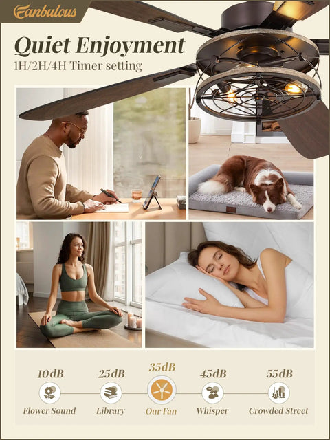 Collage of 52 Inch Oil Bronze Farmhouse Ceiling Fan With Light And Remote Slick Industrial Flush Mount in various settings with people and dog
