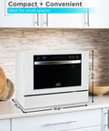 No Sweat Countertop Dishwasher Featuring Seven Heavy Duty Cycles And Certified Energy Star Efficiency For Quick Clean Rounds And Studio Apartment Layouts In Crisp White on a kitchen counter with dimensions.