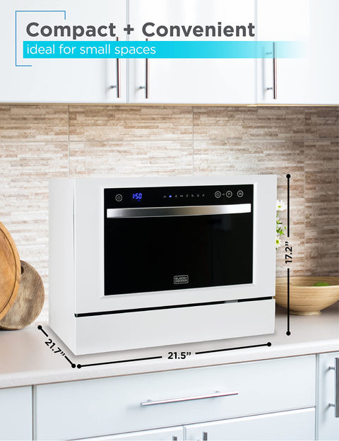 No Sweat Countertop Dishwasher Featuring Seven Heavy Duty Cycles And Certified Energy Star Efficiency For Quick Clean Rounds And Studio Apartment Layouts In Crisp White on a kitchen counter with dimensions.