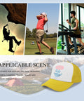 Yellow Unisex Sport Trucker Cap With Adjustable Buckle showcased with activities like climbing, golf, and running.