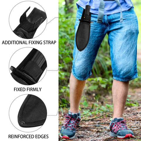 Heavy Duty Metal Detector Shovel With Double Serrated Edge Belt Mount Sheath Detecting And Digging Tool shown worn on belt