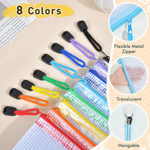 26 Pack Mesh Zipper Pouch Bags With 8 Sizes And Colors Clear Waterproof Zippered Storage Pouches shown in various colors