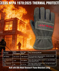 NFPA 1971 Certified Fire Fighter Glove With 2D Curved Fingers shown against burning building and firefighters in action