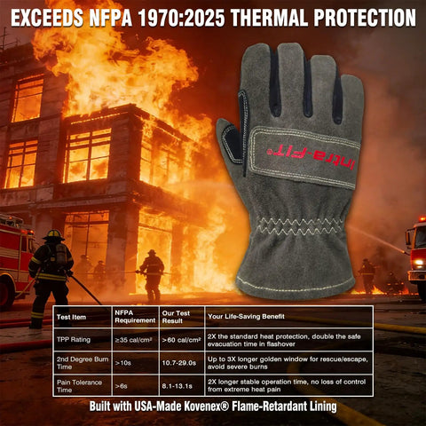 NFPA 1971 Certified Fire Fighter Glove With 2D Curved Fingers shown against burning building and firefighters in action