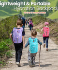 3 Piece Kids Hydration Backpack Set With A One And A Half Liter Water Bladder, Lightweight Insulated Daypack worn by kids hiking