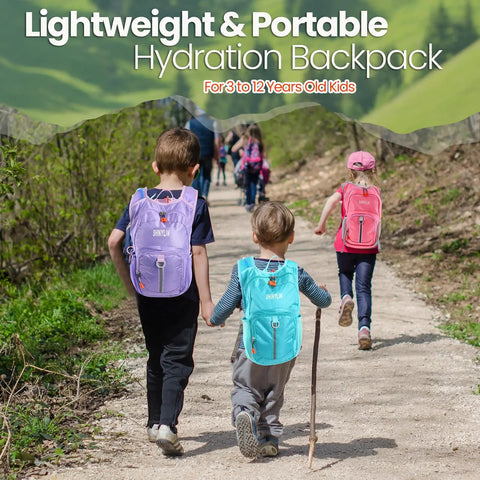 3 Piece Kids Hydration Backpack Set With A One And A Half Liter Water Bladder, Lightweight Insulated Daypack worn by kids hiking