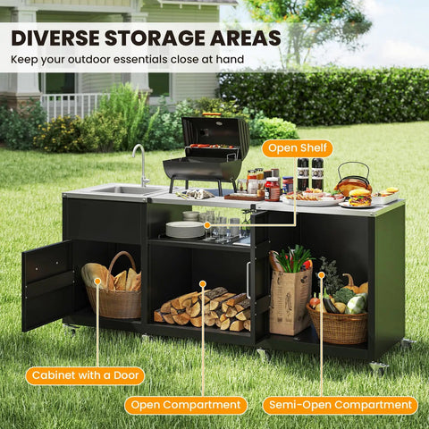 80 Inch Outdoor Grill Table With Sink And Drainage, heavy duty metal cart with cabinet, stainless steel top, BBQ prep table