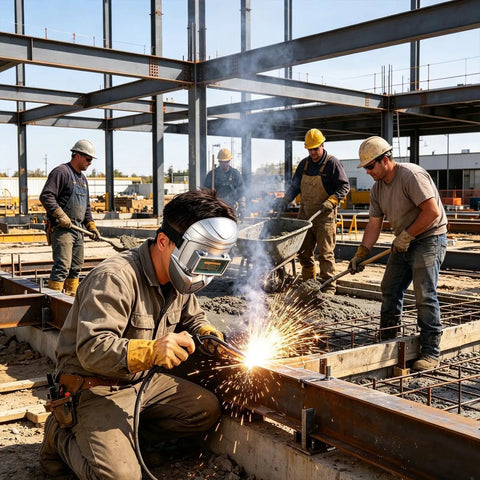 Worker using Pro Grade Auto Darkening Welding Helmet With Smart Sensor True Color HD Clarity Arc Protection Welder Hood
