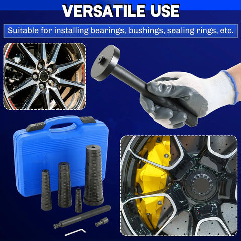 Hand holding component of 52 In 1 Custom Bushing Bearing Seal Driver Set For Transmission And Wheel Hub, case and discs shown