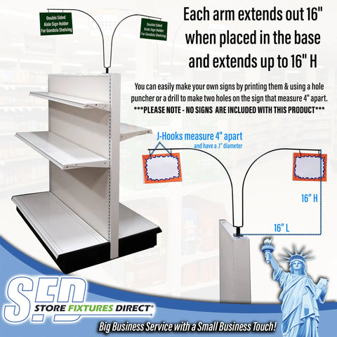 Game Changing Curved Gondola Shelf Double Side Magnetic Base Sign Holder Rack, showing 16" arms for signage use in retail space.