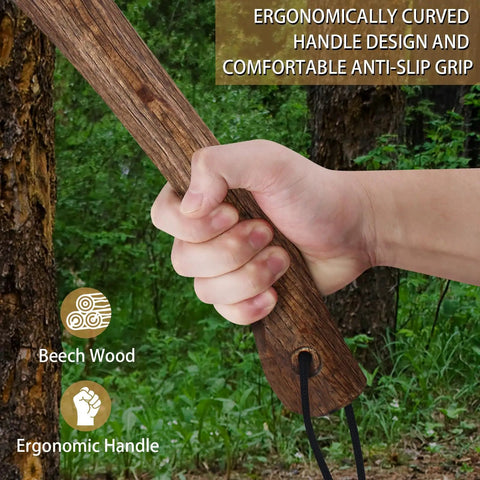 Hand holding 14.4 Inch Hatchet For Camping And Survival With Sheath, Beefy Bushcraft Axe Built From 1065 Carbon Steel And Beech Handle
