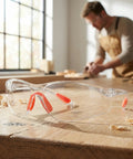 Badass Silicone Safety Glasses For Construction Work, shatterproof polycarbonate lenses with red silicone grips on a workbench.