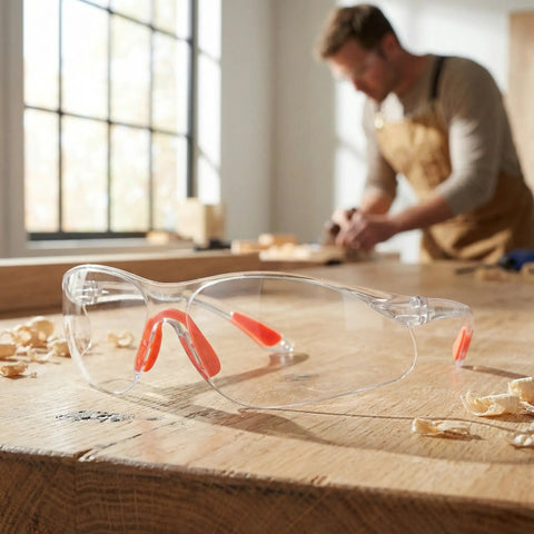 Badass Silicone Safety Glasses For Construction Work, shatterproof polycarbonate lenses with red silicone grips on a workbench.