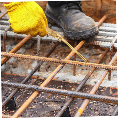 Portable Rebar Tie Tool With Non Slip Handle And Curved Hook For Quick Safe Wire Twisting On Construction Sites Pro Grade Rebar Tie Tool For Pros And DIY Builders Workhorse in use by a worker wearing a glove on construction site.